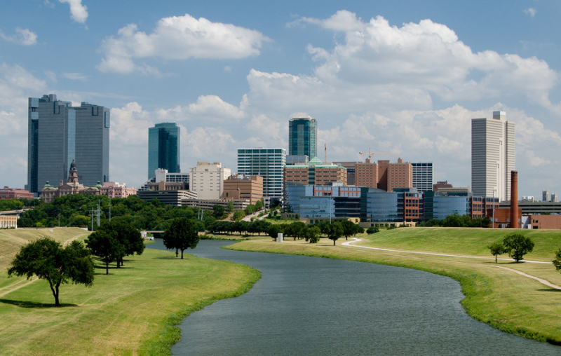 Beautiful downtown Fort Worth, Texas skyline on a sunny afternoon.