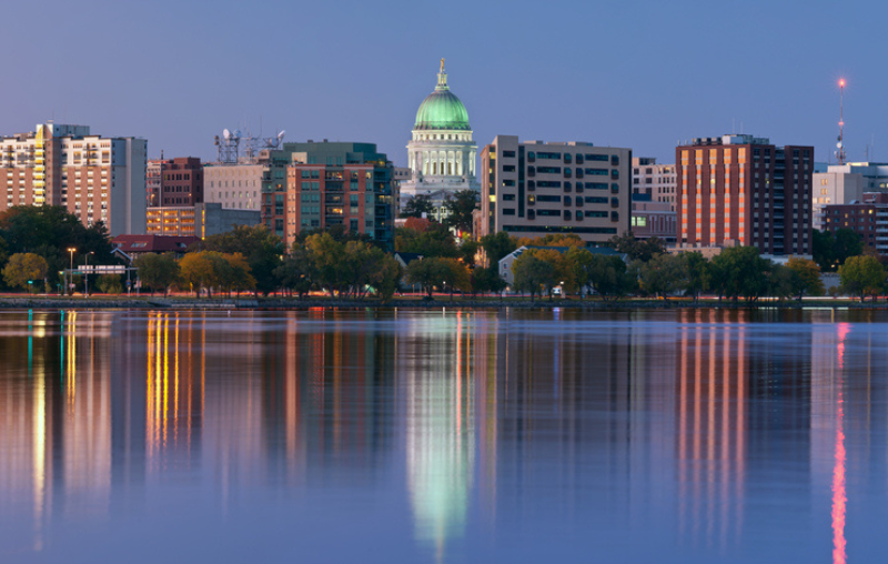 Scenic photo of Madison, Wisconsin overlooking the water