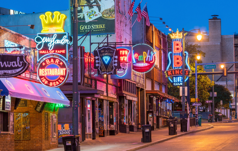 MEMPHIS, USA - NOV 12: Neon signs of famous blues clubs on Beale street on November 12, 2016 Beale street is a place for blues festivals and concerts