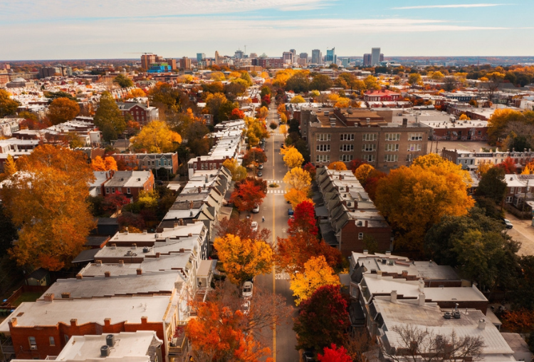 Aerial Photo of Richmond with skyline during the fall