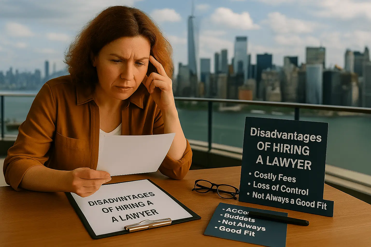 Woman reviews legal pros and cons on rooftop with city skyline in background