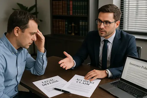 Lawyer explains legal defense coverage in car insurance to a concerned client