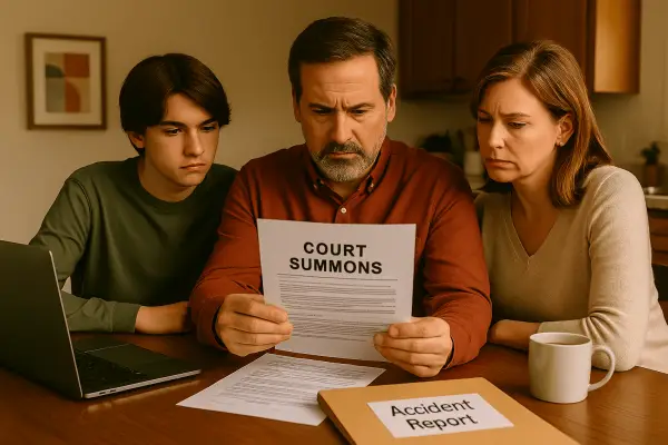 Family with teenager reviews court summons at home after car accident