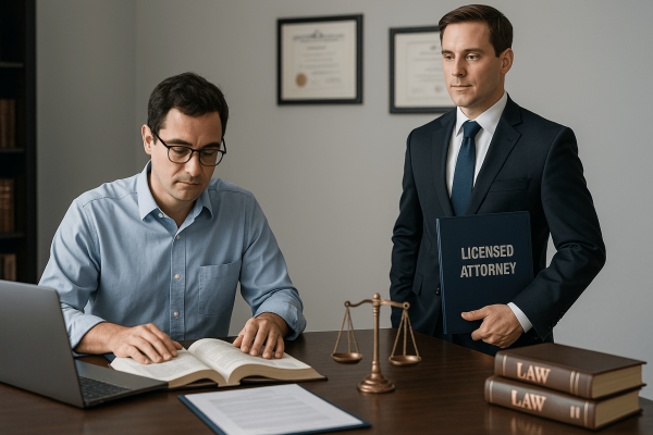 A lawyer studies legal texts while a licensed attorney stands nearby holding credentials