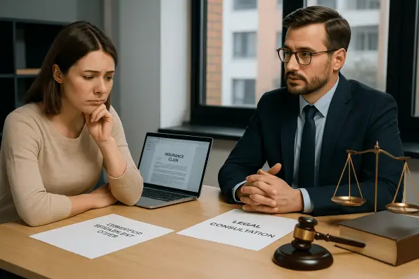 A woman discusses an insurance settlement offer with a lawyer in a modern office