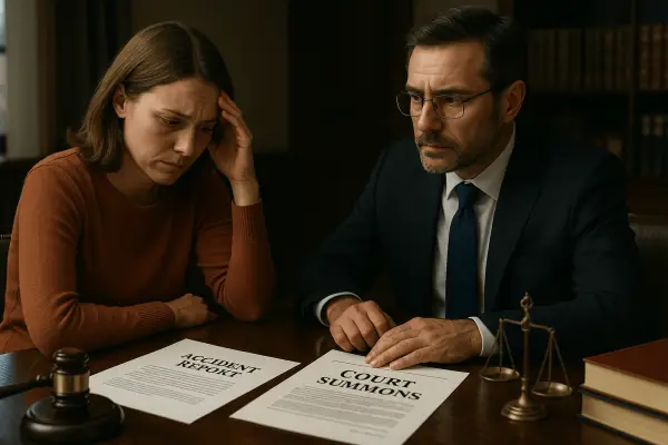A concerned woman reviews a court summons and accident report with her lawyer