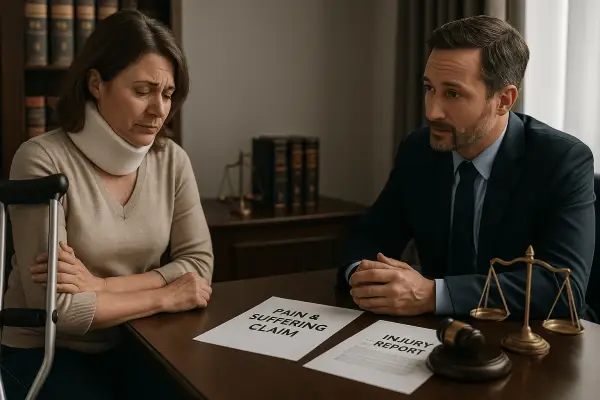 An injured woman consults a lawyer about a pain and suffering claim