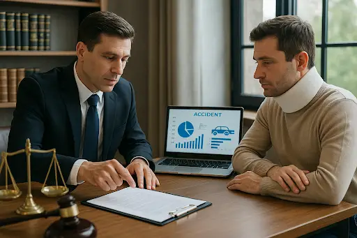 auto accident attorney helping an injured client in a law office