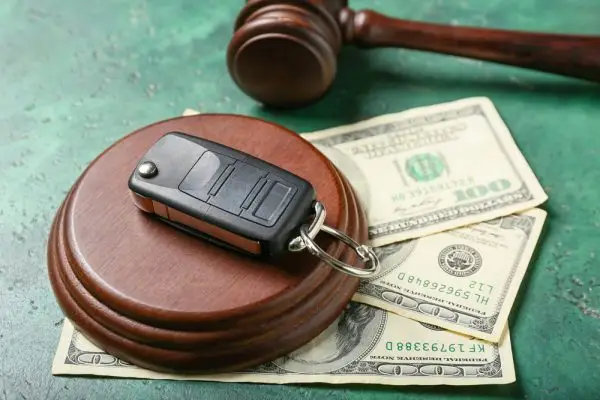 Car key on judge’s gavel with cash, symbolizing legal costs after accident
