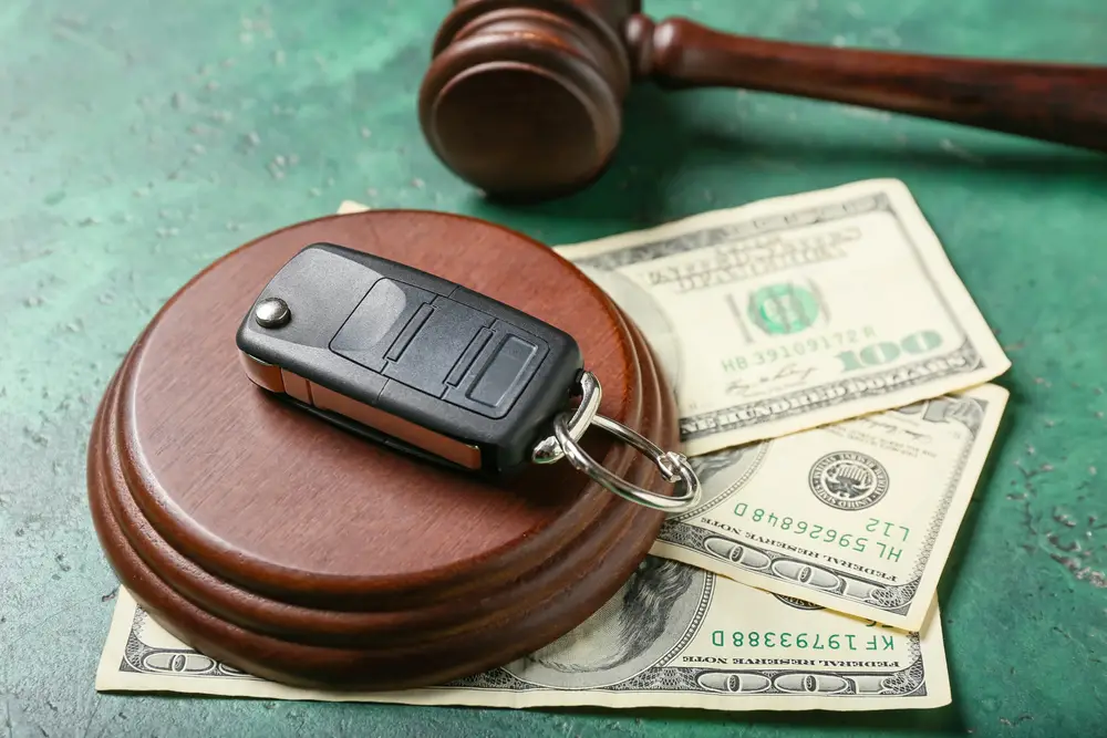 Car key on judge’s gavel with cash, symbolizing legal costs after accident