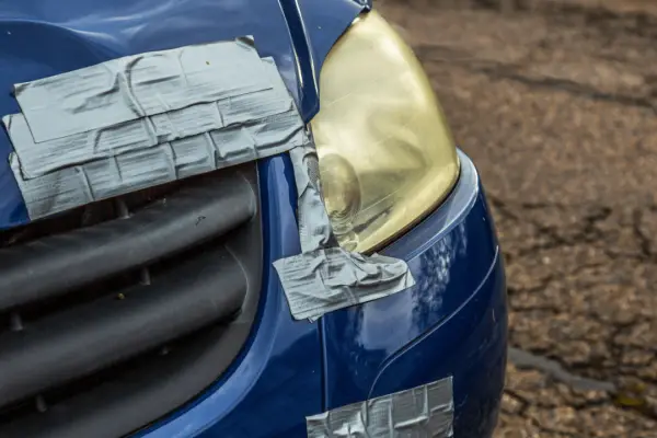 A client and insurance agent review a minor car accident claim and repair estimate in an office setting