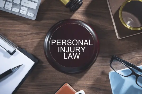 personal injury law printed on top of a gavel with things cluttered all around