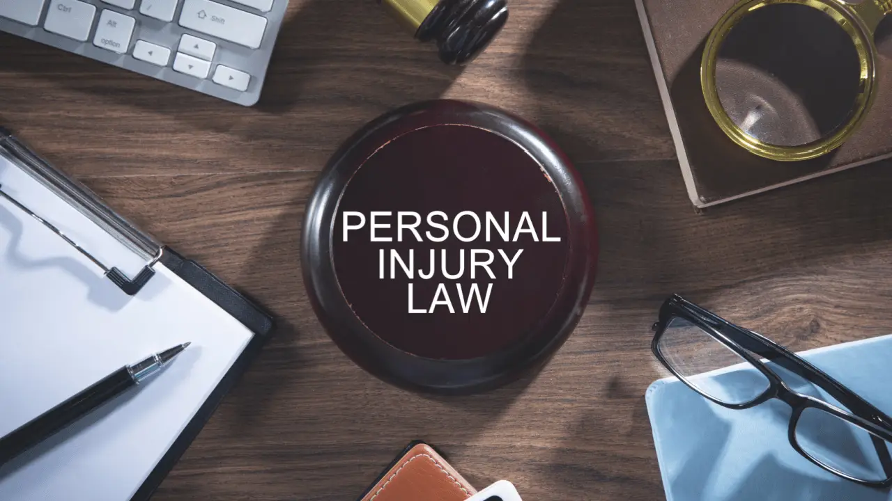 personal injury law printed on top of a gavel with things cluttered all around