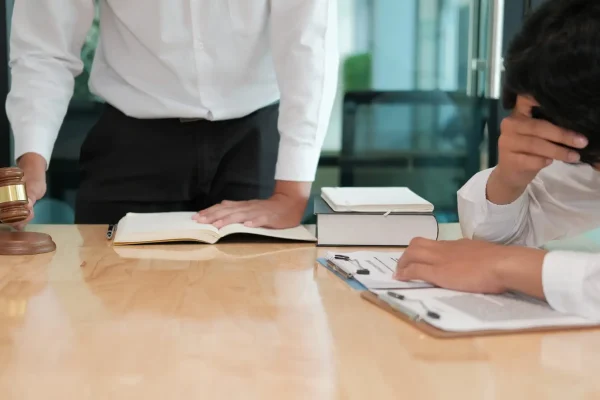 A stressed man consults with an attorney about a lawsuit notice and an auto insurance claim in California