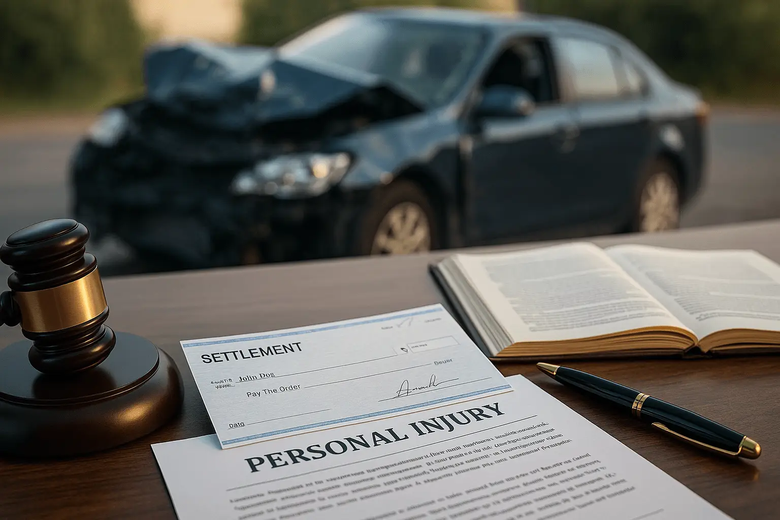 A serious car crash scene with a damaged vehicle and legal documents on a table, symbolizing high-value accident settlements and personal injury claims.