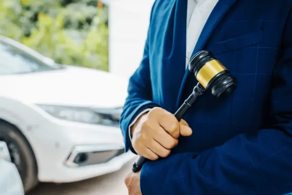 Traffic accident lawyer holding gavel with damaged white car in background after collision