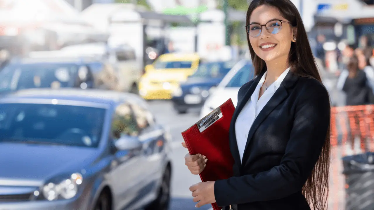 What type of lawyer deals with traffic accidents - Professional traffic accident lawyer holding red legal folder at accident scene with damaged vehicles in background