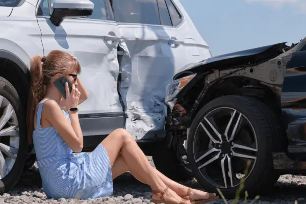 Woman on phone after car accident wondering do I need a lawyer to sue after a car accident