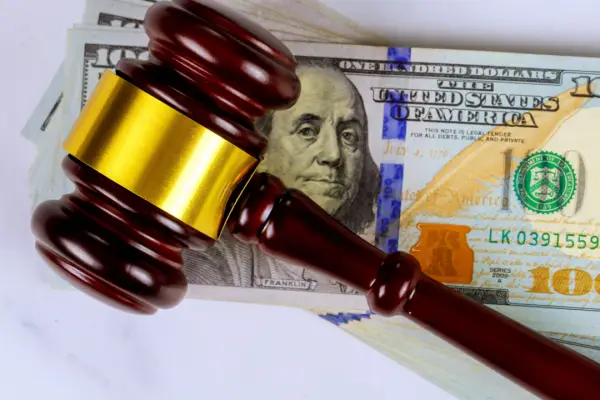 Judge gavel on hundred dollar bills representing how much should I ask for a settlement decisions