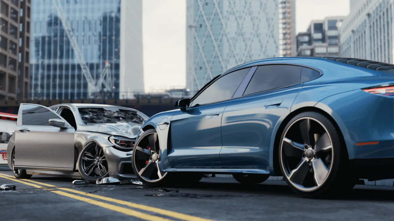 Two damaged cars after collision showing who pays the settlement in a car accident scenario