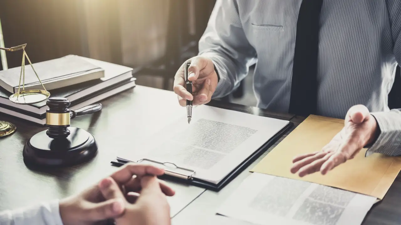 Lawyer discussing how much can you claim for personal injury while client signs legal documents at law office desk with gavel and scales of justice