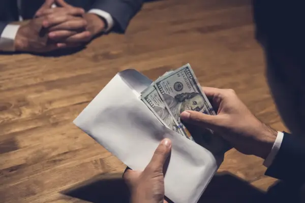 Lawyer handing cash settlement payment to client showing how much settlement for emotional distress cases can provide