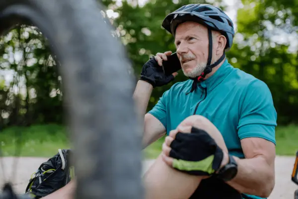 Cyclist wearing protective bicycle helmet making emergency phone call demonstrating how do bicycle helmets protect the head in an accident