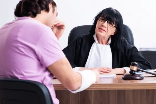 Injured cyclist with arm cast meeting attorney in office discussing what should i do after a bicycle accident lawyer consultation