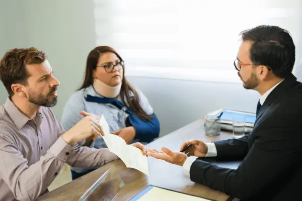 Couple meeting with attorney reviewing settlement documents to understand how are personal injury settlements calculated