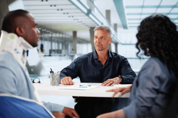 Legal consultation discussing how to beat a personal injury lawsuit with attorney and client wearing neck brace in modern office