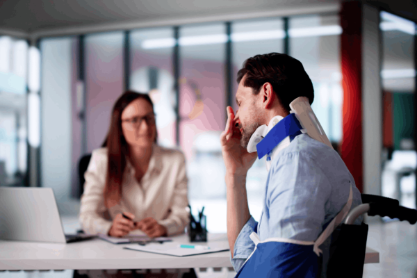 Injured client with arm sling consulting attorney about what do lawyers charge for personal injury claims in modern office