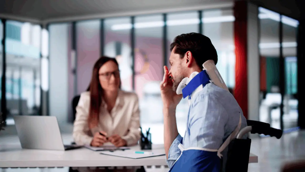 Injured client with arm sling consulting attorney about what do lawyers charge for personal injury claims in modern office