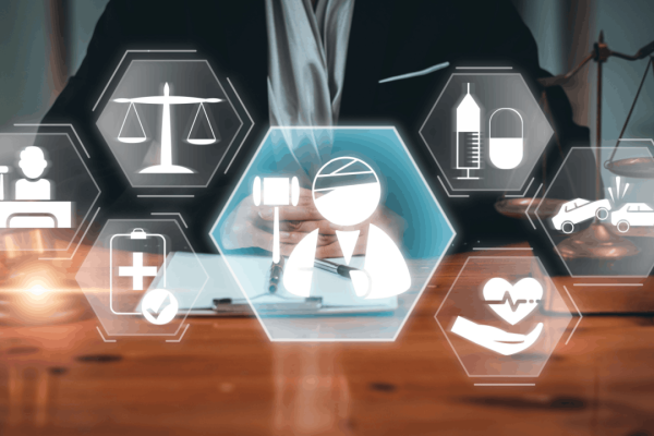Legal professional reviewing documents with digital icons representing what is the hardest injury to prove in personal injury cases