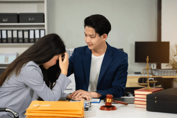 Distressed client receiving support from attorney while asking what is the hardest question to ask a lawyer during consultation