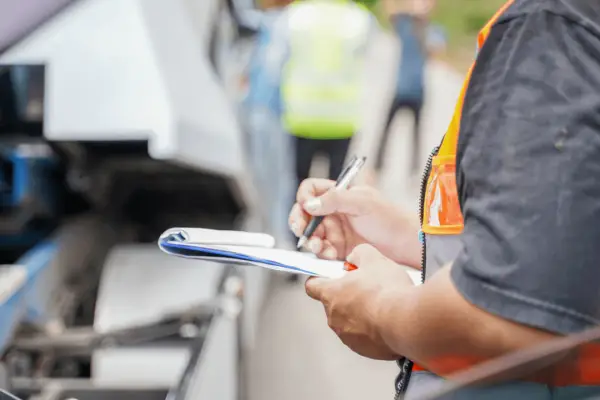 Truck accident investigator documenting how long does a truck accident claim take at crash scene