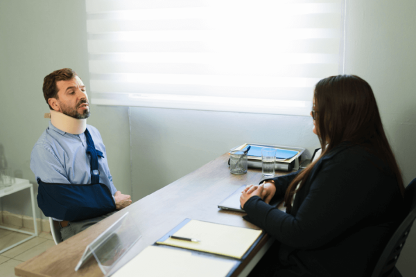 Injured client with neck brace and arm sling learning how personal injury claims work from attorney