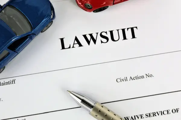 Truck accident lawsuit process documents with toy vehicles showing plaintiff versus defendant civil action filing
