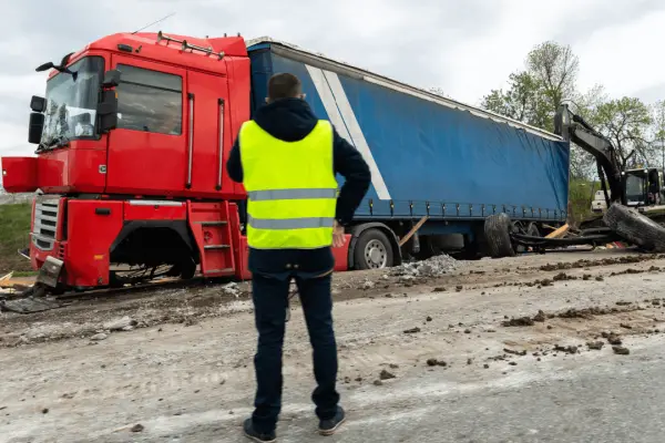 Commercial truck accident fault investigation with safety inspector examining damaged red semi-truck and blue trailer at crash site