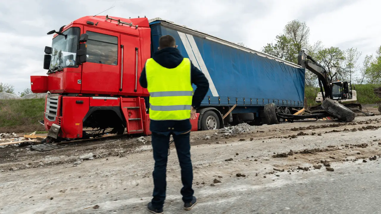 Commercial truck accident fault investigation with safety inspector examining damaged red semi-truck and blue trailer at crash site