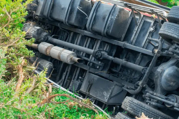 Determining fault in truck accidents scene with overturned commercial vehicle showing undercarriage and mechanical damage in roadside grass