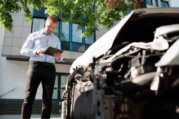 Insurance adjuster inspecting car damage after accident