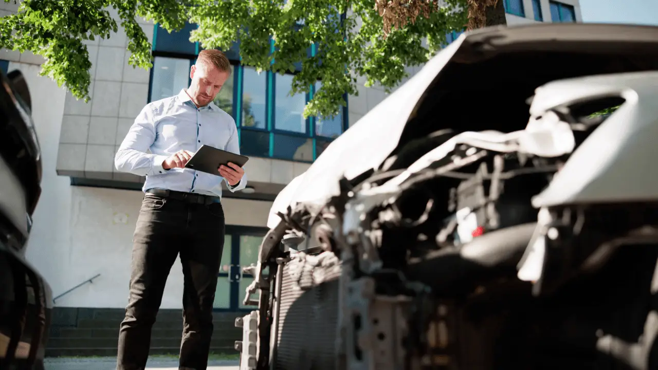 Insurance adjuster inspecting car damage after accident