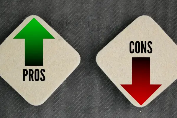 insurance claim pros and cons – green up arrow labeled pros and red down arrow labeled cons on beige diamond tiles against dark fabric background