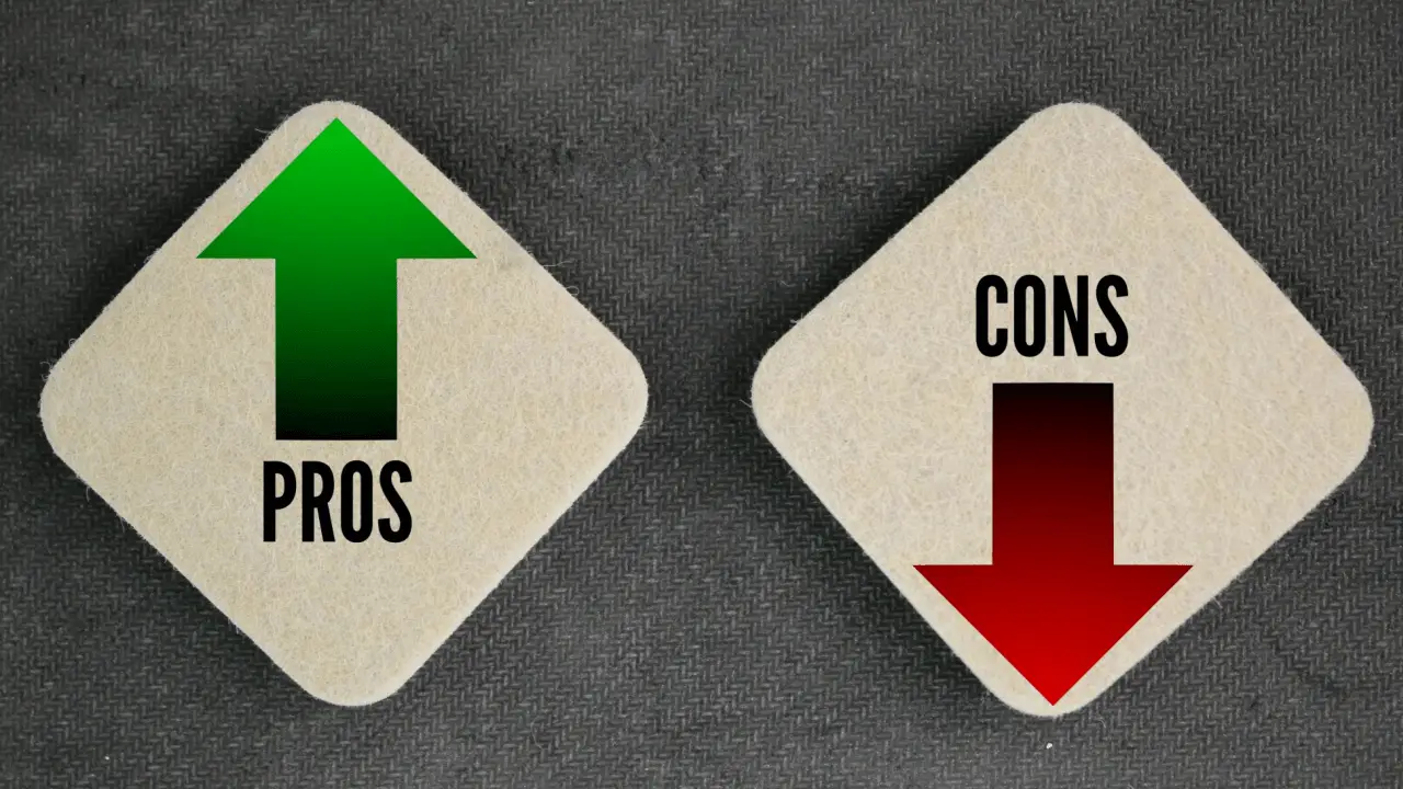 insurance claim pros and cons – green up arrow labeled pros and red down arrow labeled cons on beige diamond tiles against dark fabric background