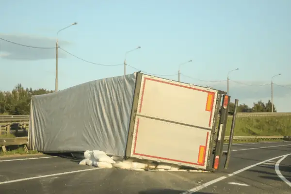 Truck accident fault and liability scene with overturned cargo trailer and spilled freight on highway with traffic cones