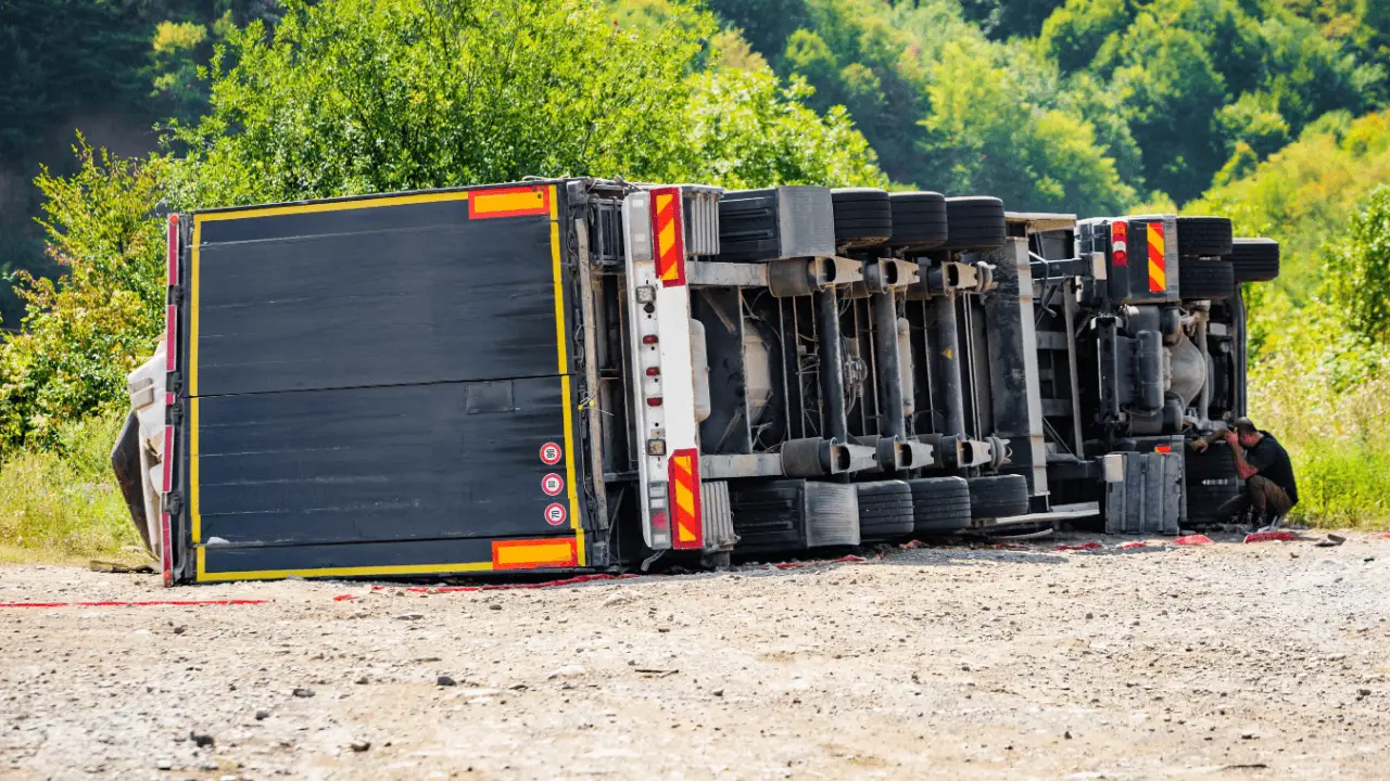 Truck accident settlements explained with overturned commercial vehicle on roadside representing severe collision damages