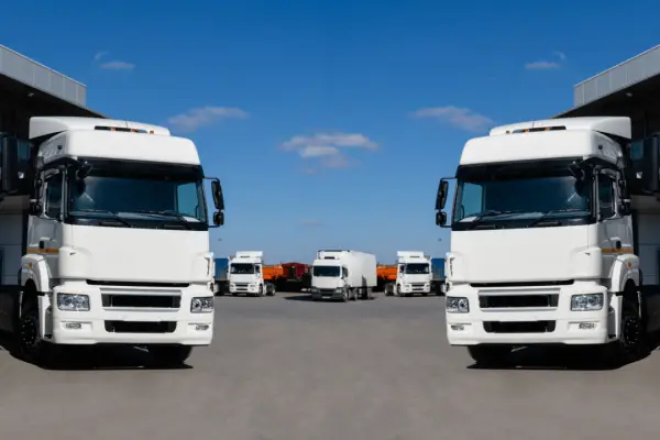 Truck driver vs trucking company liability concept with fleet of white commercial trucks at freight terminal yard