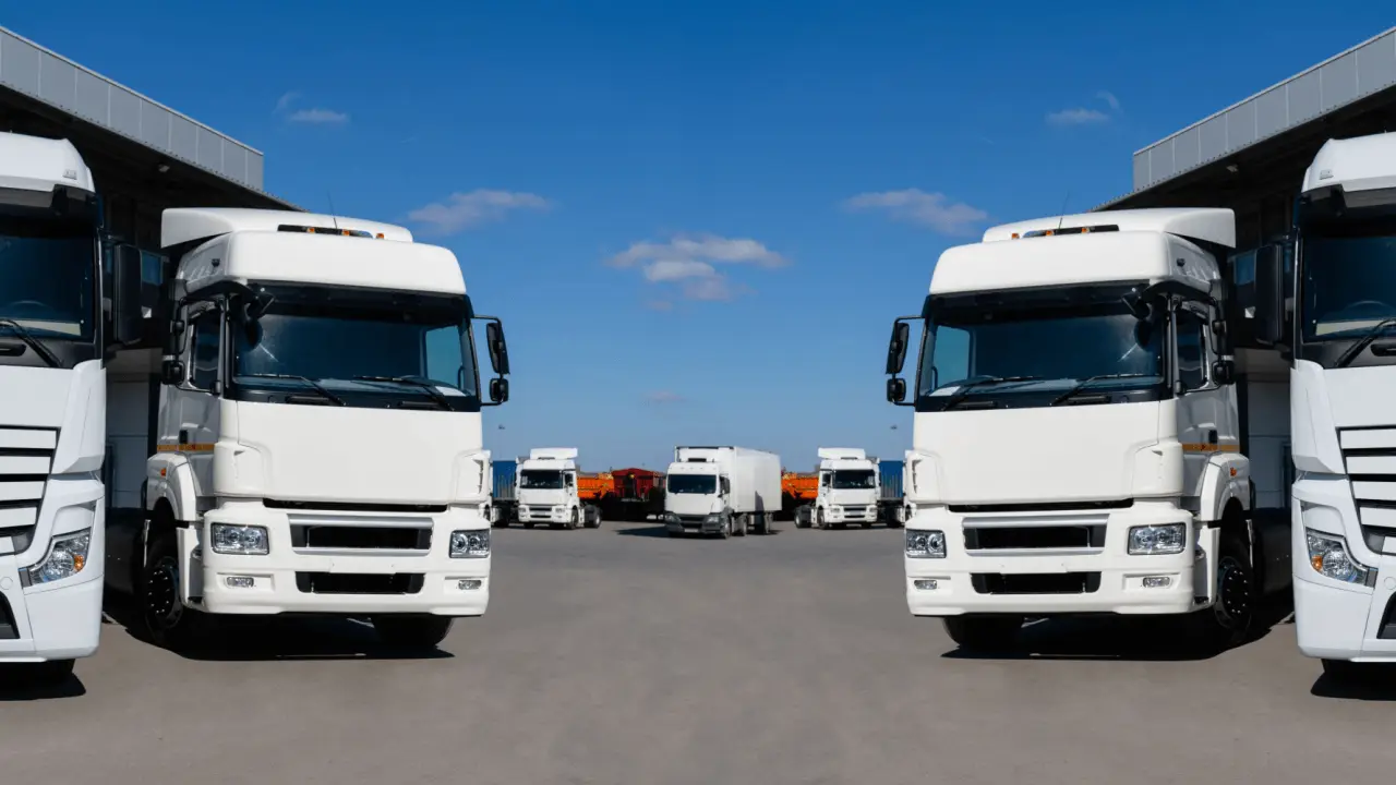 Truck driver vs trucking company liability concept with fleet of white commercial trucks at freight terminal yard