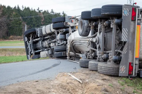 Overturned commercial truck on roadside showing who is at fault in a truck accident investigation scene